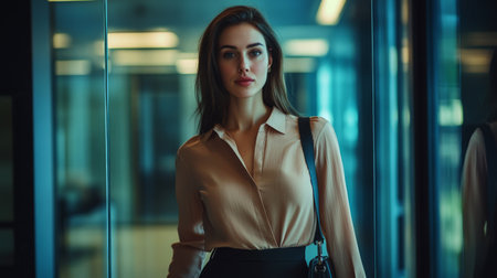 A detailed shot of a professional woman in a stylish blouse, holding a briefcase and standing confidently in front of a glass conference room door.の素材