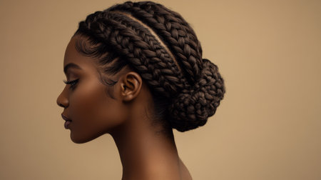 A detailed shot of a woman with a beautiful braid or updo, capturing the intricate details and texture of her styled hair against a neutral background.の素材