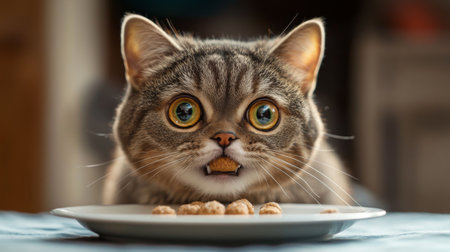 A detailed shot of a plump cat savoring a treat from a small plate, with its round face and excited expression captured in close-up.の素材