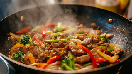 A detailed shot of a sizzling pan with a delicious stir-fry, showcasing the vibrant mix of vegetables and meat as it cooks.の素材