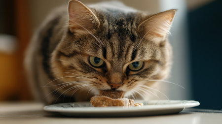 A detailed shot of a plump cat savoring a treat from a small plate, with its round face and excited expression captured in close-up.の素材