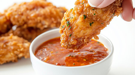 A detailed shot of a hand dipping a piece of fried chicken into a small bowl of spicy dipping sauce, set against a bright white background.の素材