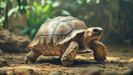 A detailed shot of a tortoise slowly walking across its enclosure, capturing the texture of its shell and its calm, deliberate movement.の素材