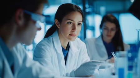 A detailed shot of a researcher discussing findings with colleagues, with a focus on their engaged expressions and the scientific charts or documents in front of them.の素材
