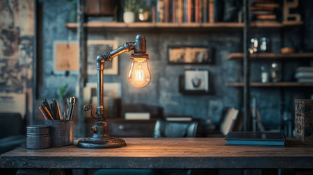 A detailed shot of an industrial-style desk lamp with a rugged metal finish and exposed bulb, highlighting the raw, utilitarian aesthetic.の素材