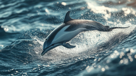 A detailed view of a dolphin diving into the water, with a focus on the splash and the dolphin's streamlined body as it moves gracefully.の素材