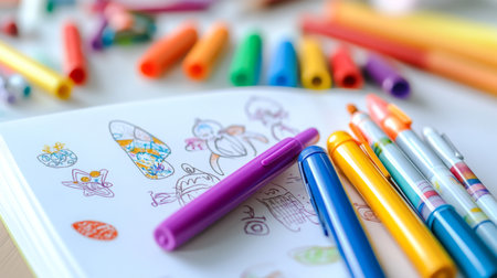A detailed shot of colored pens lying on a white desk with a sketchbook open, featuring colorful doodles and designs.の素材