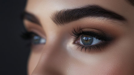 A detailed shot of a woman face with expertly blended eyeshadow and mascara, showcasing the elegance and precision of her eye makeup.の素材