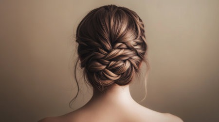 A detailed shot of a woman with a beautiful braid or updo, capturing the intricate details and texture of her styled hair against a neutral background.の素材