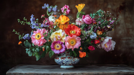 A detailed view of a colorful floral arrangement in a rustic setting, featuring a mix of seasonal flowers and a charming, vintage vase.の素材