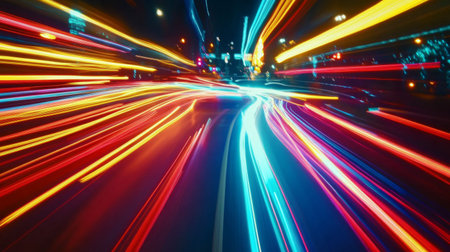A detailed shot of colorful light trails from moving vehicles, with streaks of red, blue, and yellow illuminating the scene against a night backdrop.の素材