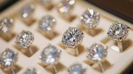 A detailed shot of diamond earrings in a display case, with a focus on the sparkle of the diamonds and the quality of the setting under soft lighting.の素材