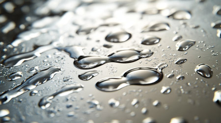 A detailed shot of water droplets on a metallic surface, with reflections and highlights creating a textured, visually interesting pattern.の素材