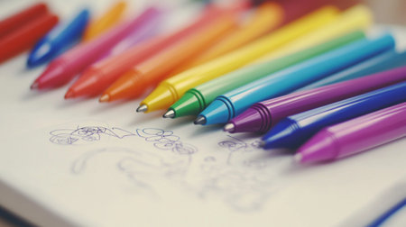 A detailed shot of colored pens lying on a white desk with a sketchbook open, featuring colorful doodles and designs.の素材