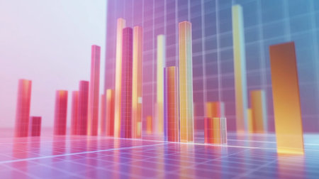 A detailed view of a 3D bar chart with multiple bars in varying heights, set against a white background with grid lines for better data interpretation.の素材