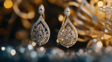 A detailed shot of diamond drop earrings with intricate designs, capturing the shimmer and clarity of the diamonds against a polished surface.の素材