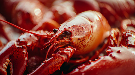 A detailed shot of freshly cooked, juicy lobster claws with a focus on the rich red color and delicate texture of the meat.の素材
