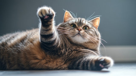 A detailed view of a fat cat playfully reaching for a toy, with its rounded belly and soft fur in sharp focus against a simple backdrop.の素材