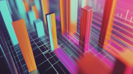 A detailed view of a 3D bar chart with multiple bars in varying heights, set against a white background with grid lines for better data interpretation.の素材