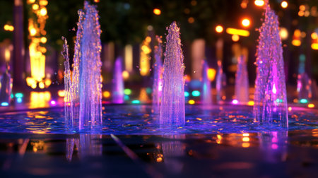 A detailed view of a fountain in a public plaza, with water shooting up in various patterns and illuminated by colorful lights in the evening.の素材