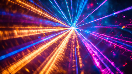 A detailed view of a laser light show with vivid, shifting colors and beams, creating a dramatic and vibrant effect in the night sky.の素材