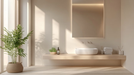 A detailed view of a minimalistic bathroom with a floating vanity, large frameless mirror, and simple fixtures, featuring a serene, uncluttered design.の素材