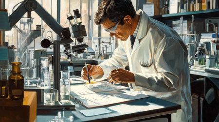 A detailed view of a researcher in a laboratory setting, surrounded by scientific instruments and papers, capturing the essence of their busy, investigative work.の素材