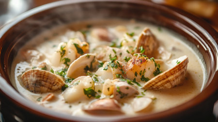 A detailed view of a bowl of steaming clam chowder with chunks of seafood and fresh herbs, emphasizing the creamy texture and hearty ingredientsの素材