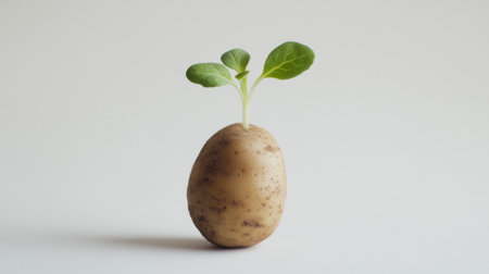 A detailed view of a potato with a sprout emerging, set against a white background to showcase its growth and natural development.の素材