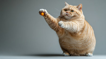 A detailed view of a fat cat playfully reaching for a toy, with its rounded belly and soft fur in sharp focus against a simple backdrop.の素材