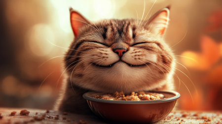 A detailed view of a chubby cat finishing its meal, with food crumbs on its whiskers and a happy, relaxed expression as it sits next to the empty bowl.の素材