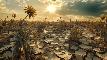 A detailed view of a wilted garden with drooping plants and cracked soil, set against a backdrop of a dry, sunlit sky.の素材