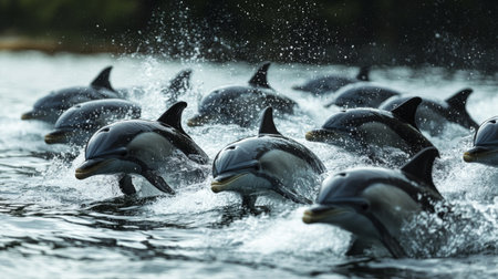 A detailed view of a group of dolphins surfacing together, creating splashes and ripples in the water, capturing their social behavior and dynamic movement.の素材