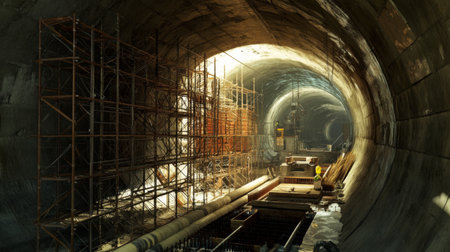 A detailed view of a tunnel under construction, with scaffolding and construction equipment visible, highlighting the work-in-progress and engineering details.の素材