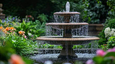 A detailed view of a tiered fountain with water flowing over sculptural elements, surrounded by flowers and greenery in a tranquil garden setting.の素材