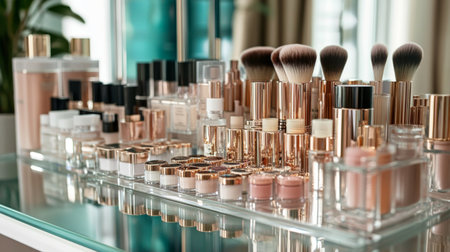 A detailed view of a woman makeup vanity with an array of cosmetics, highlighting her organized setup and the variety of products used for her look.の素材