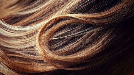 A detailed view of a woman hair with delicate highlights or balayage, focusing on the blend of colors and the smooth, polished finish.の素材