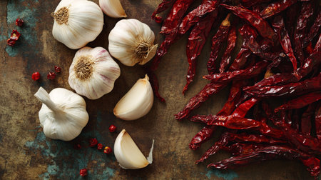 A detailed view of dried red chilies and garlic bulbs arranged on a rustic table, with the rough textures and deep colors highlighting their intensity.の素材