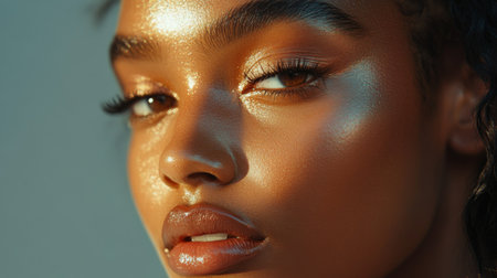 A detailed view of a woman with perfectly contoured cheeks and highlighter, emphasizing the glowing, sculpted look achieved with makeup.の素材