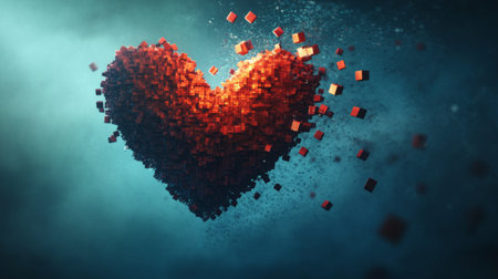 A digital 3D heart made of small cubes or pixels, with some cubes breaking away, symbolizing the fragility of love in a modern, abstract way.の素材