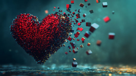 A digital 3D heart made of small cubes or pixels, with some cubes breaking away, symbolizing the fragility of love in a modern, abstract way.の素材