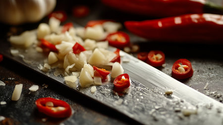A macro shot of finely chopped garlic and sliced red chilies on a knife blade, with the juicy details and sharp edges in clear focus.の素材