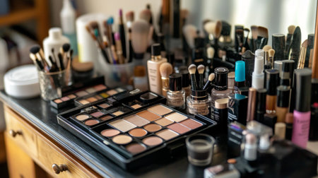 A detailed view of a woman makeup vanity with an array of cosmetics, highlighting her organized setup and the variety of products used for her look.の素材