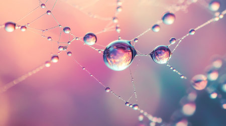 A macro shot of water droplets on a spiderweb, with each droplet reflecting light and creating a sparkling effect against a blurred background.の素材