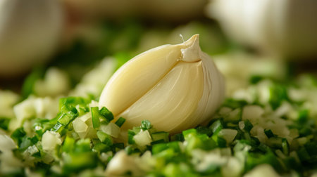 A macro shot of a garlic clove sliced in half, with finely chopped green chilies scattered around, capturing the freshness and sharpness of the ingredients.の素材