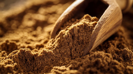 A macro shot of ground cumin with a wooden scoop partially buried in the fine, earthy brown powder, highlighting its rich aroma.の素材