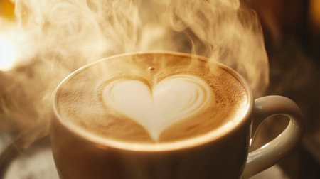 A macro shot of a latte art heart design on the surface of a hot coffee, with steam rising gently from the cup.の素材