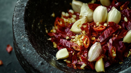 A macro shot of crushed garlic cloves mixed with sliced red chilies in a mortar, with the rich colors and textures creating a dynamic composition.の素材