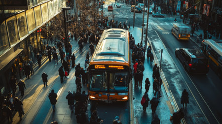 A wide-angle shot of a bus stop during rush hour, with a crowd of people waiting and a bus approaching, showcasing the busy city environment.の素材