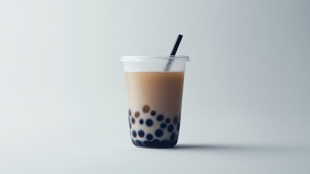 A minimalist shot of a bubble tea cup with a transparent body and visible tapioca pearls, set in the center of a plain white background, emphasizing simplicity and clarityの素材